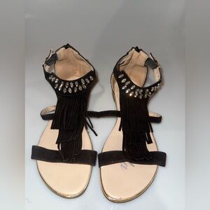 Marilyn Monroe Black Fringe Sandals with Sparkling Accents